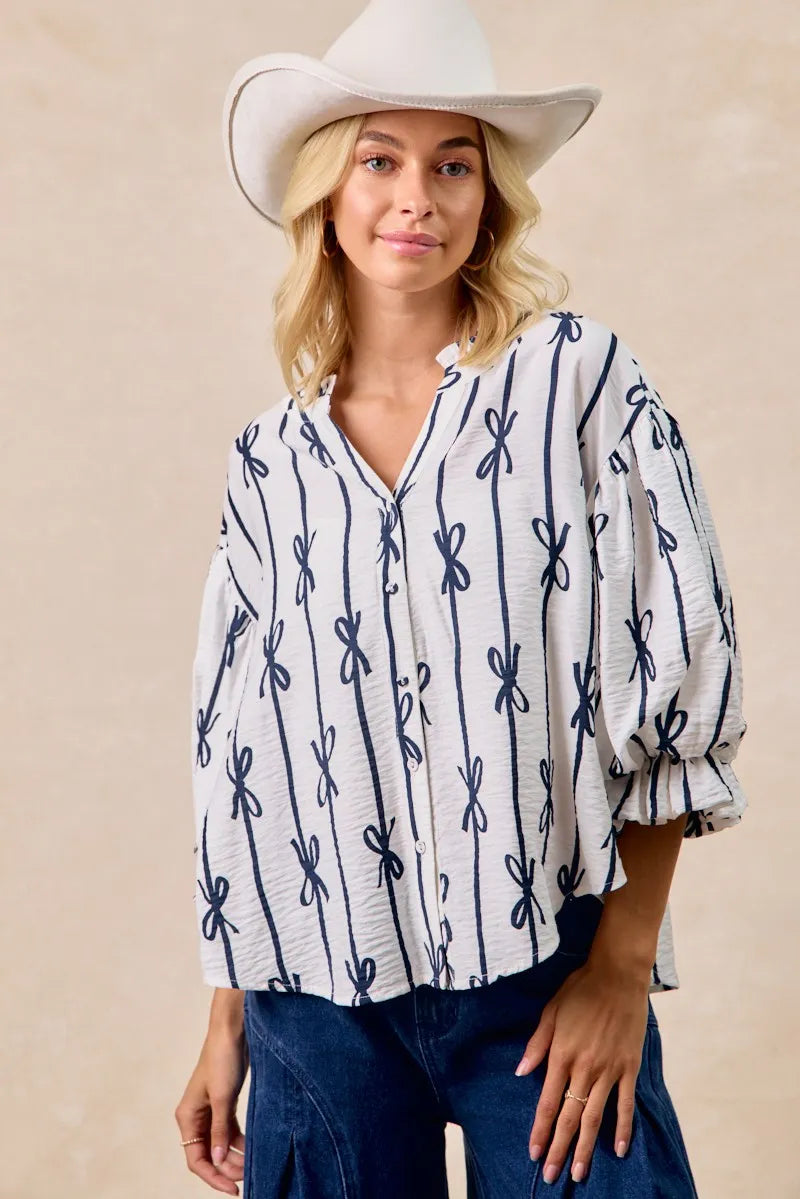 Bow Ribbon Printed Woven Bubble Sleeves Top