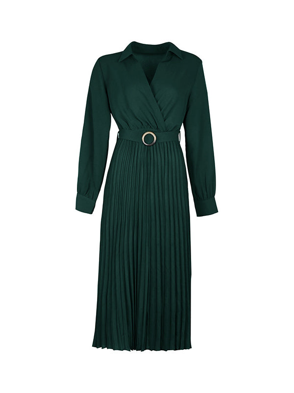 A-Line Long Sleeves Belted Buttoned Pleated Lapel Midi Dresses