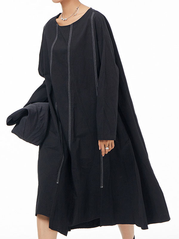 Irregular Clipping Long Sleeves Split-Joint Round-Neck Midi Dresses