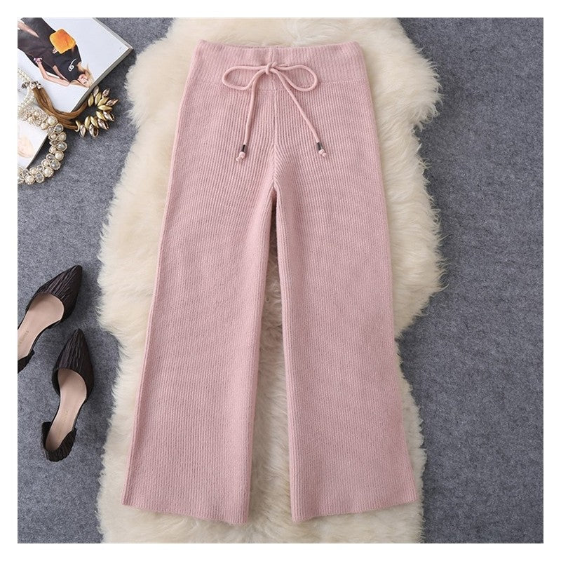 Solid Color Jacquard Long Sleeve Top And Pants Knit Set