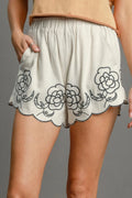 Full Size Linen Blend Shorts with Floral Embroidered Details Plus Size