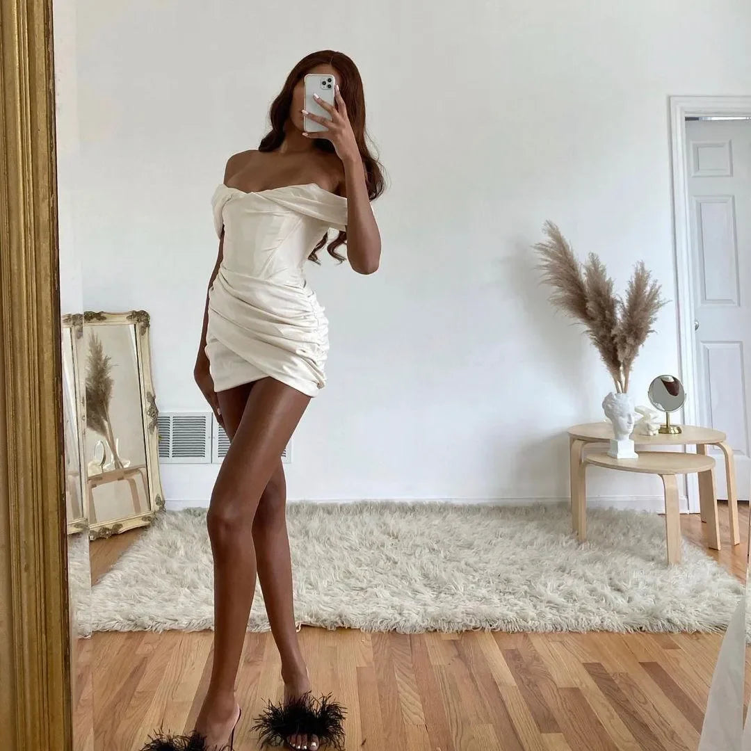 Agata White Satin Evening Mini Dress