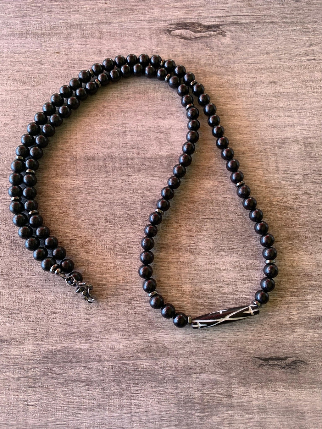 Ahiga Handmade Tribal Carved Bone and Black Waxed Wood Beaded 32" Necklace