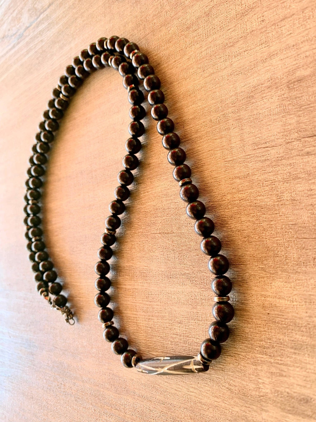 Ahiga Handmade Tribal Carved Bone and Black Waxed Wood Beaded 32" Necklace