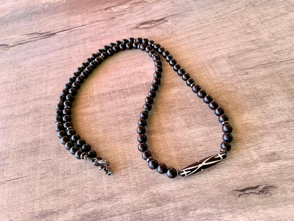 Ahiga Handmade Tribal Carved Bone and Black Waxed Wood Beaded 32" Necklace