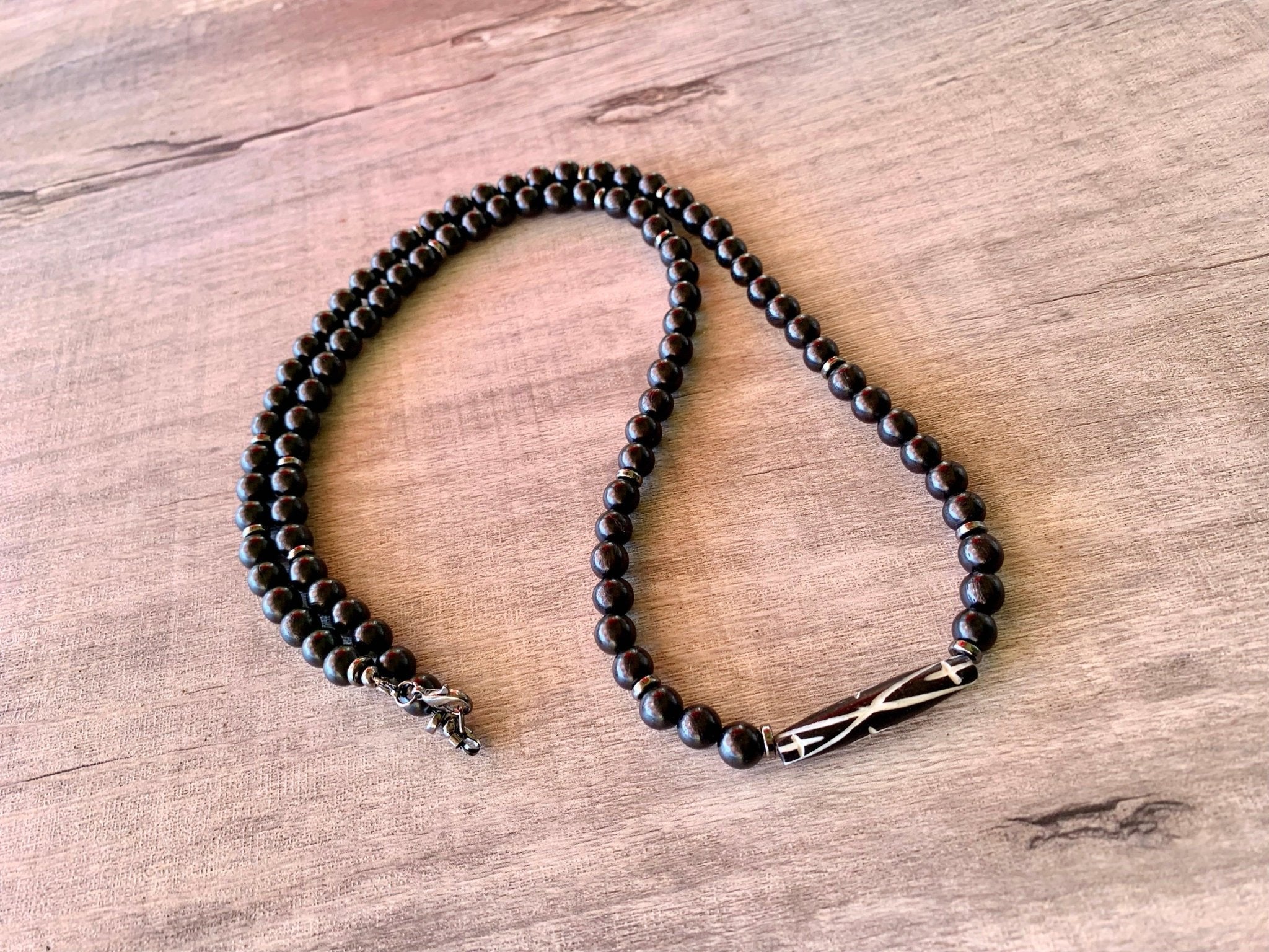 Ahiga Handmade Tribal Carved Bone and Black Waxed Wood Beaded 32" Necklace