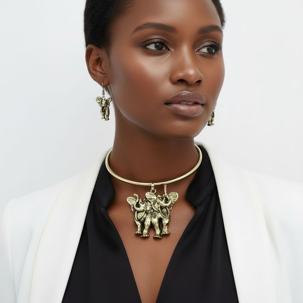 Statement Choker Necklace Burnished Gold Double Elephant Pendant Stylish Jewelry