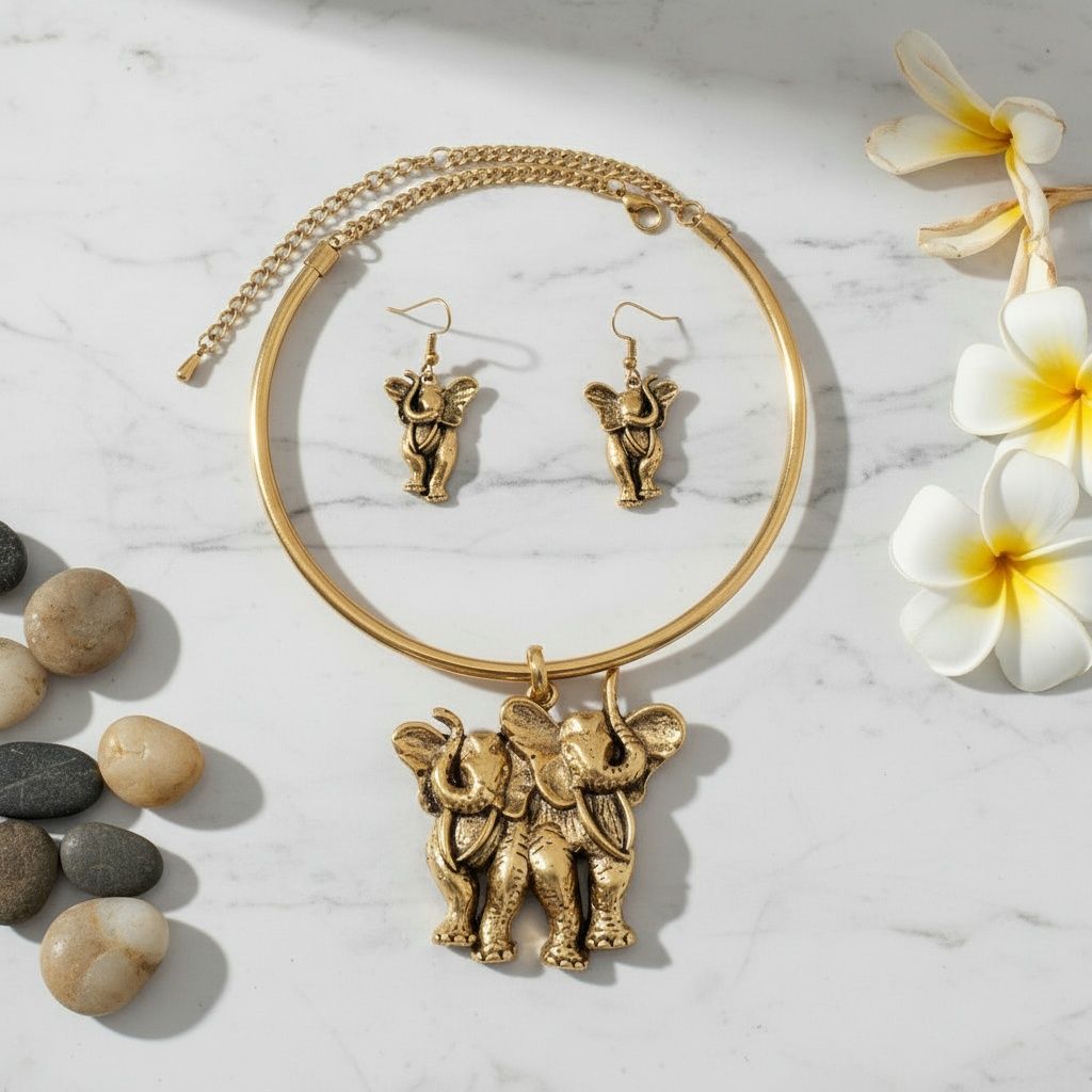 Statement Choker Necklace Burnished Gold Double Elephant Pendant Stylish Jewelry