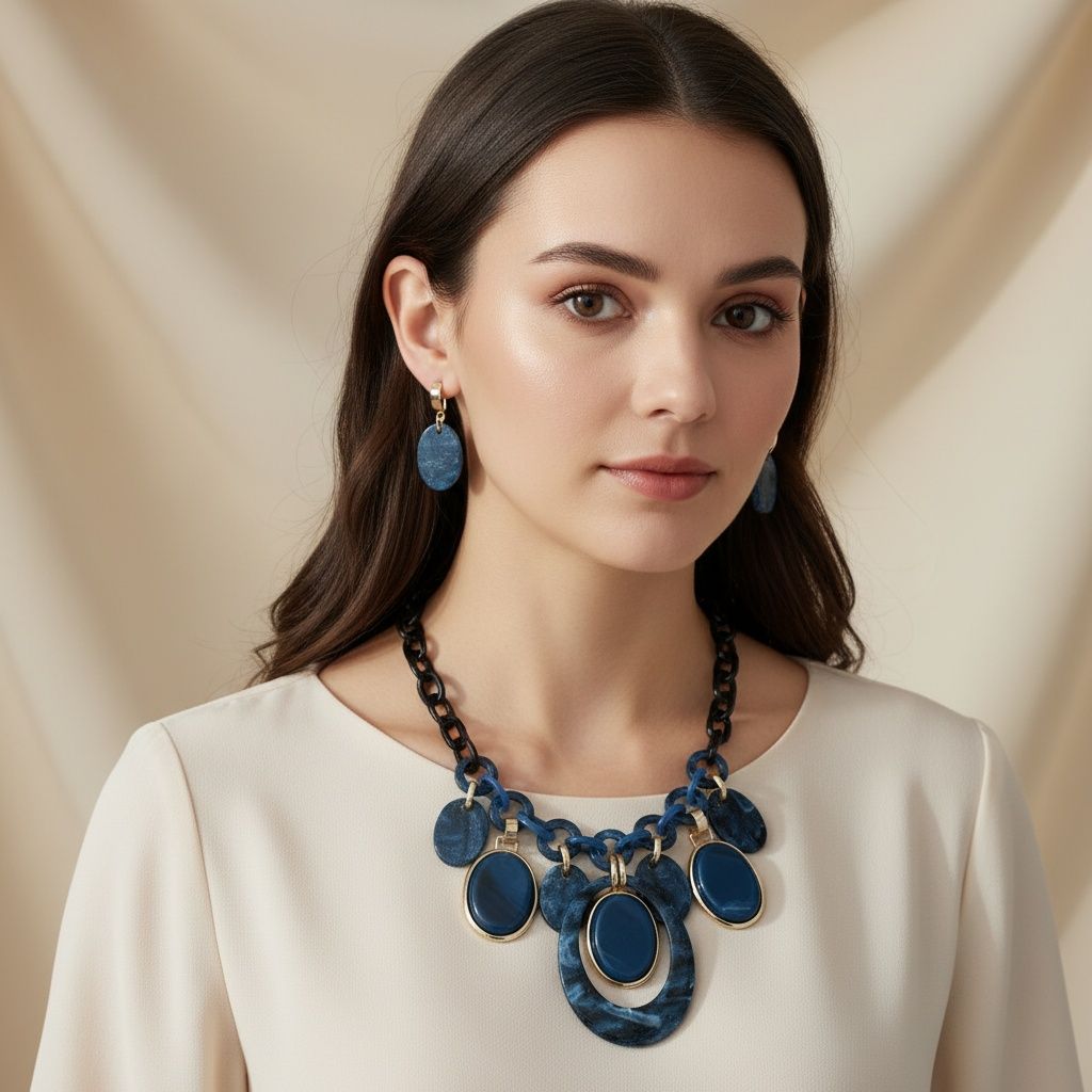 Statement Necklace Blue Glitter Oval Swirled Set for Women Stylish Chic Jewelry