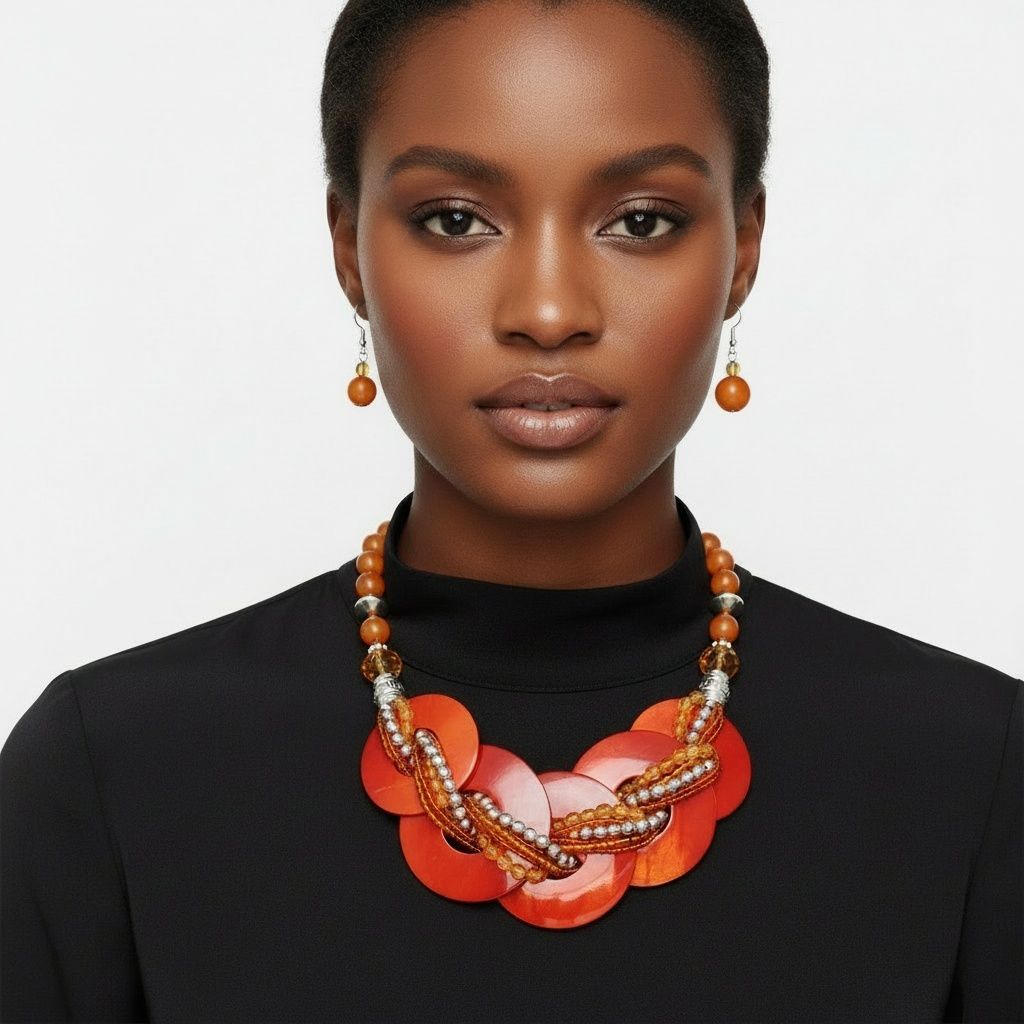 Beaded Collar Necklace with Orange Shell Discs for Women – Stylish Statement Jewelry