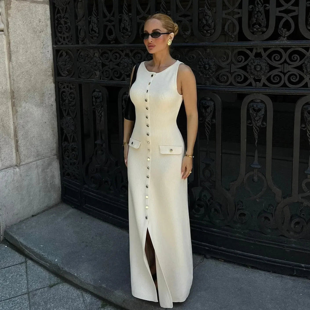 Albion Sleeveless Buttoned White Maxi Dress
