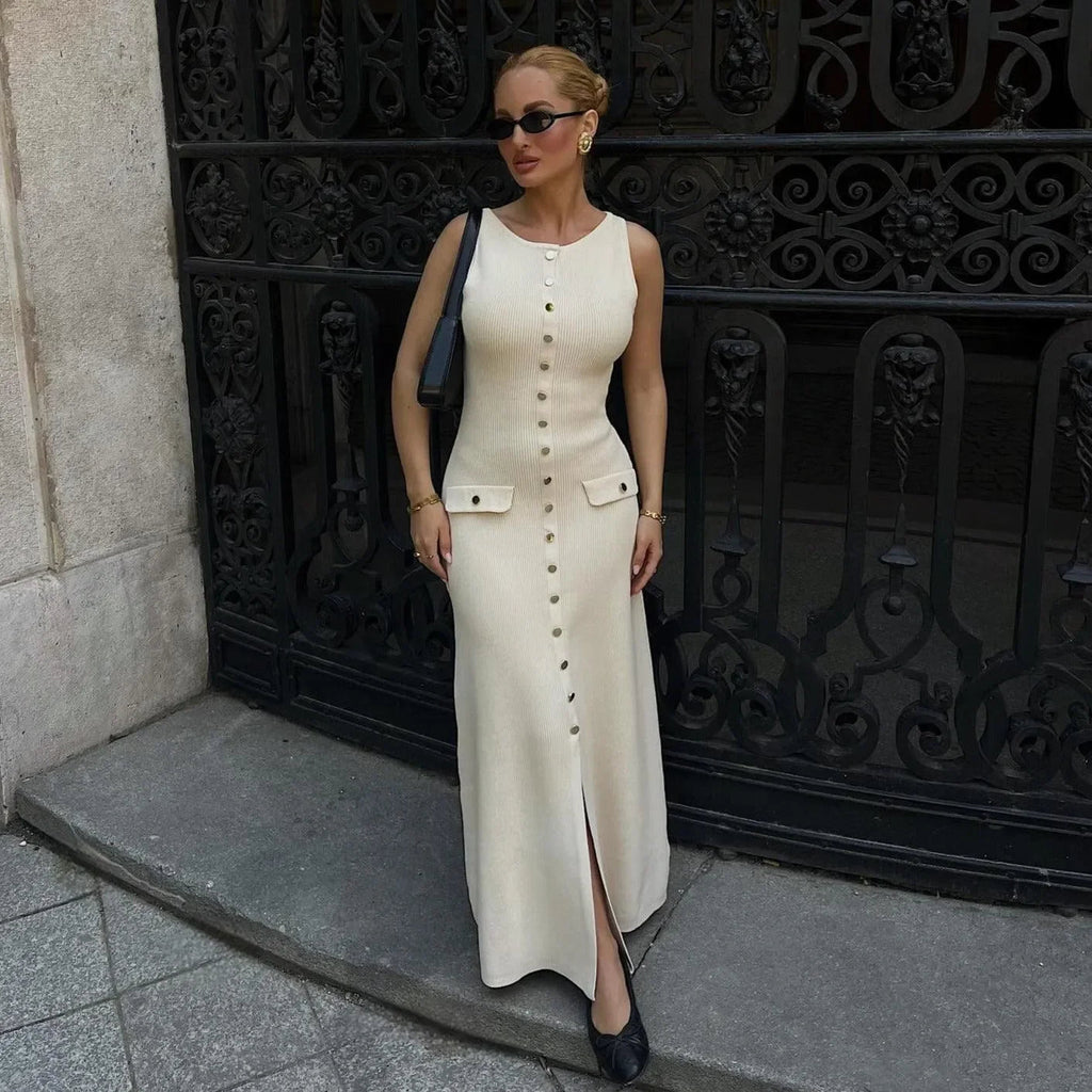 Albion Sleeveless Buttoned White Maxi Dress