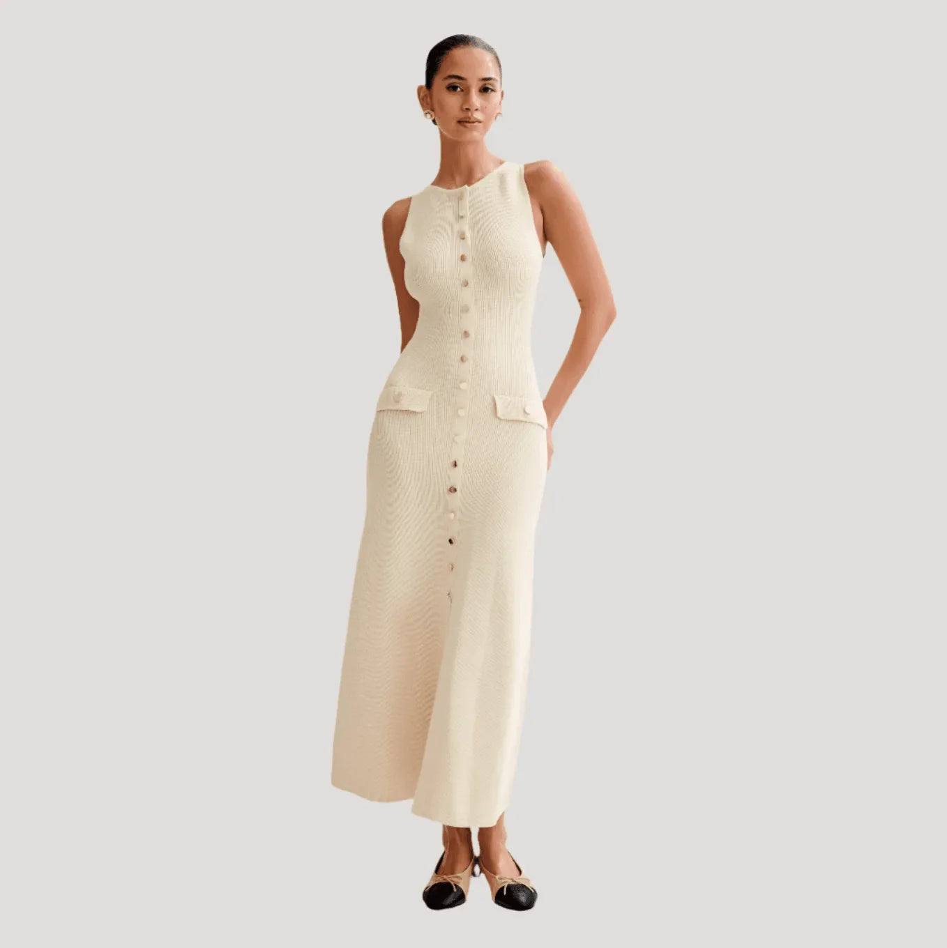 Albion Sleeveless Buttoned White Maxi Dress