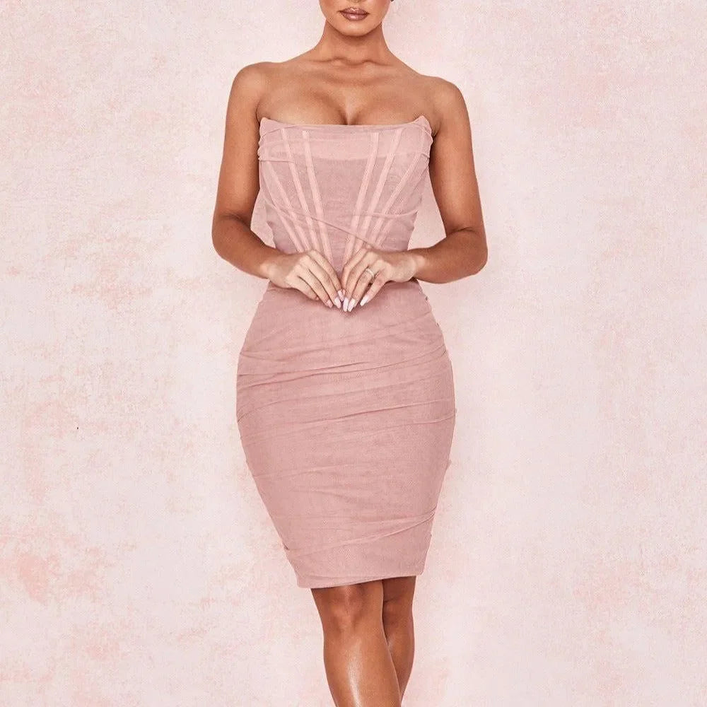 All Your Attention Pink Strapless Corset Midi Dress