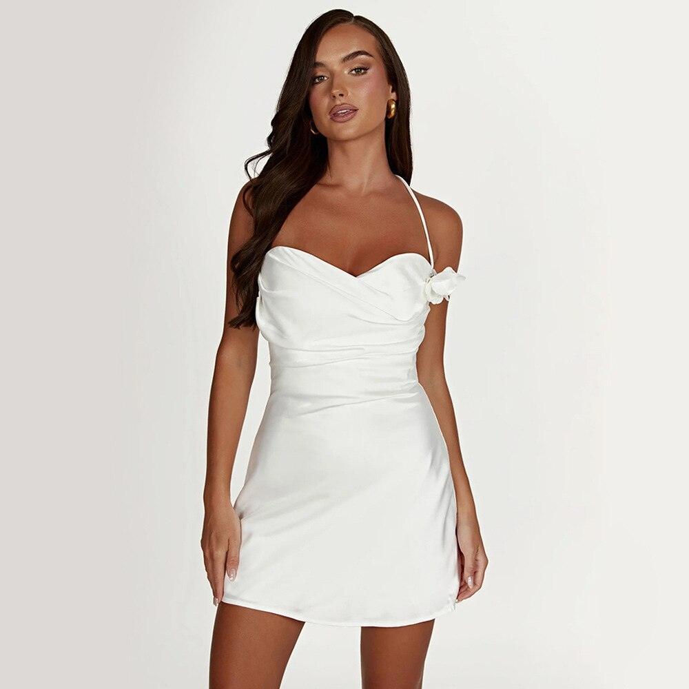 Angel’s Nest Satin Rose Halter Mini Dress