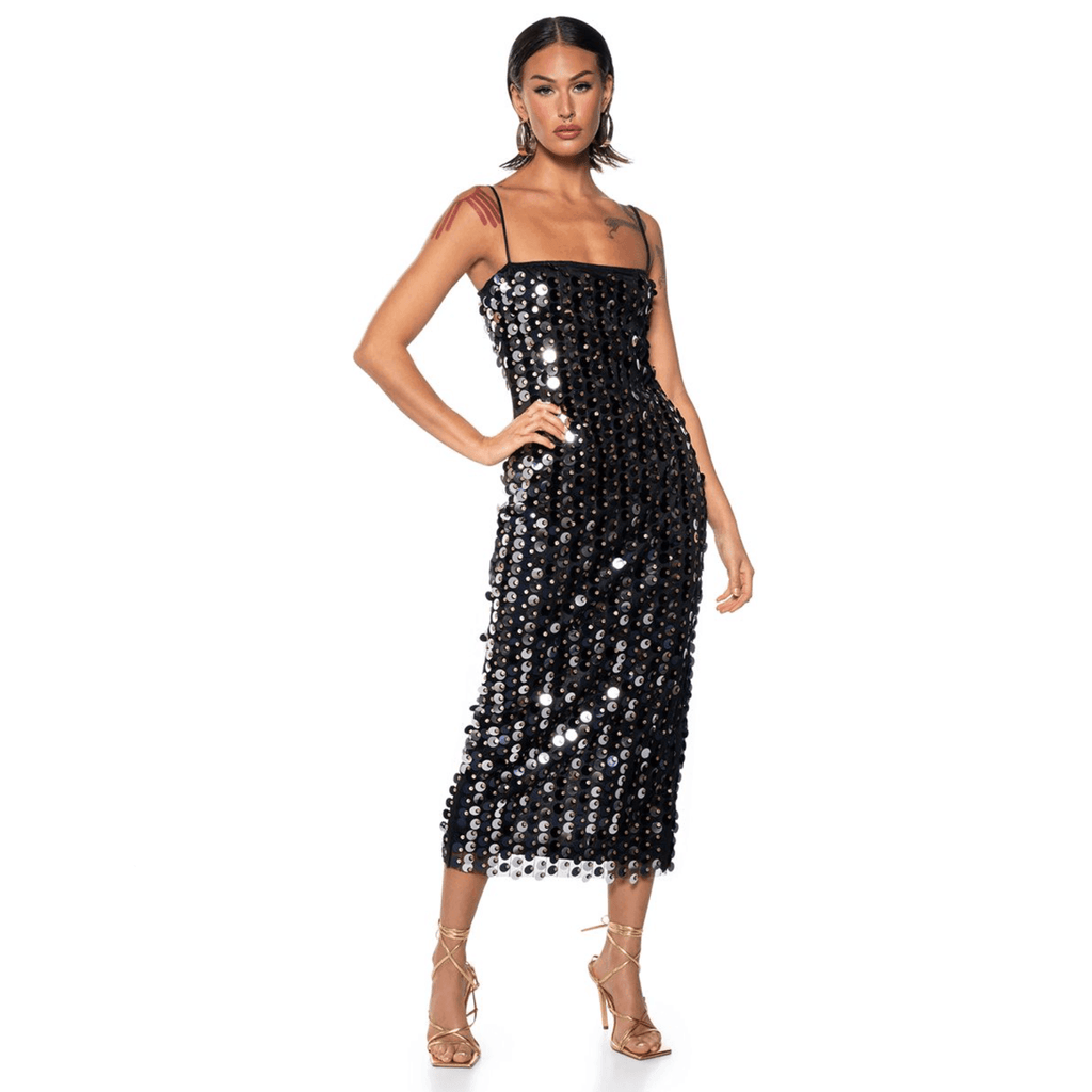 Ariel's Embrace Black Sequined Midi Dress