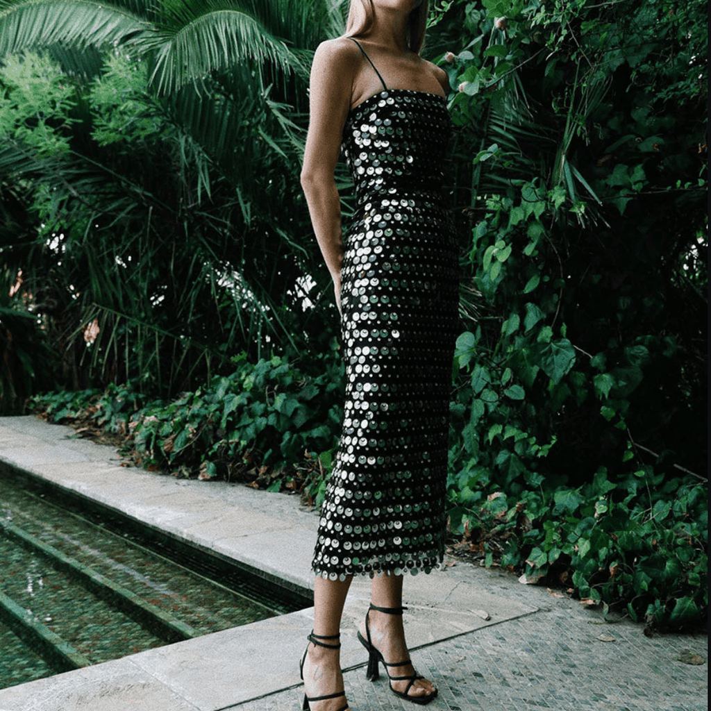 Ariel's Embrace Black Sequined Midi Dress