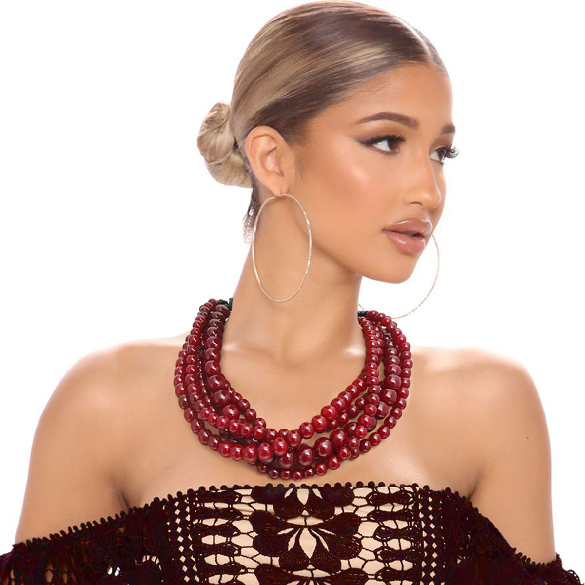 Statement Necklace Burgundy Bead Buffalo Horn Hook Stylish Chic Accessory