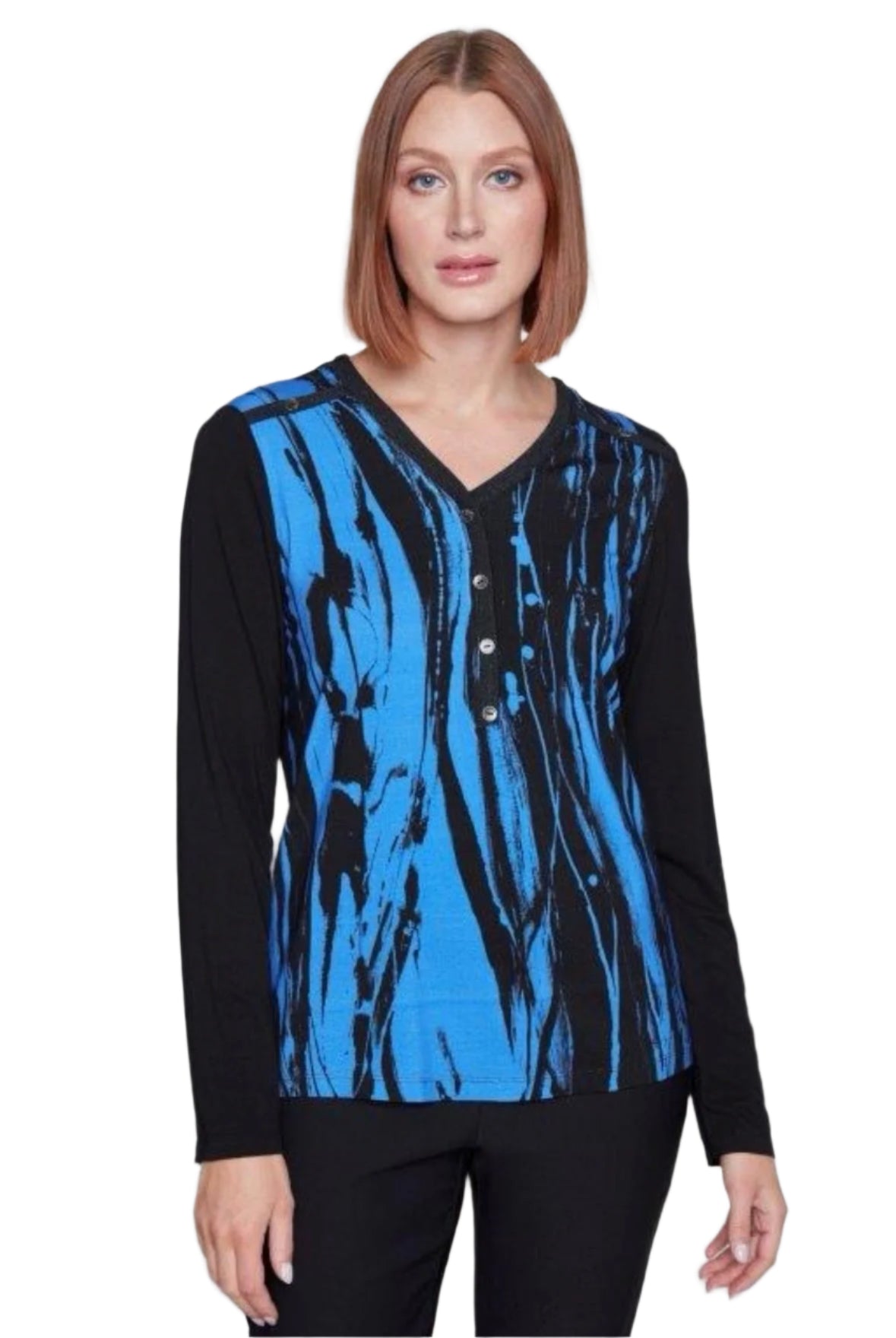 Claire Desjardins Breezy Black Periwinkle Blue Top 91744