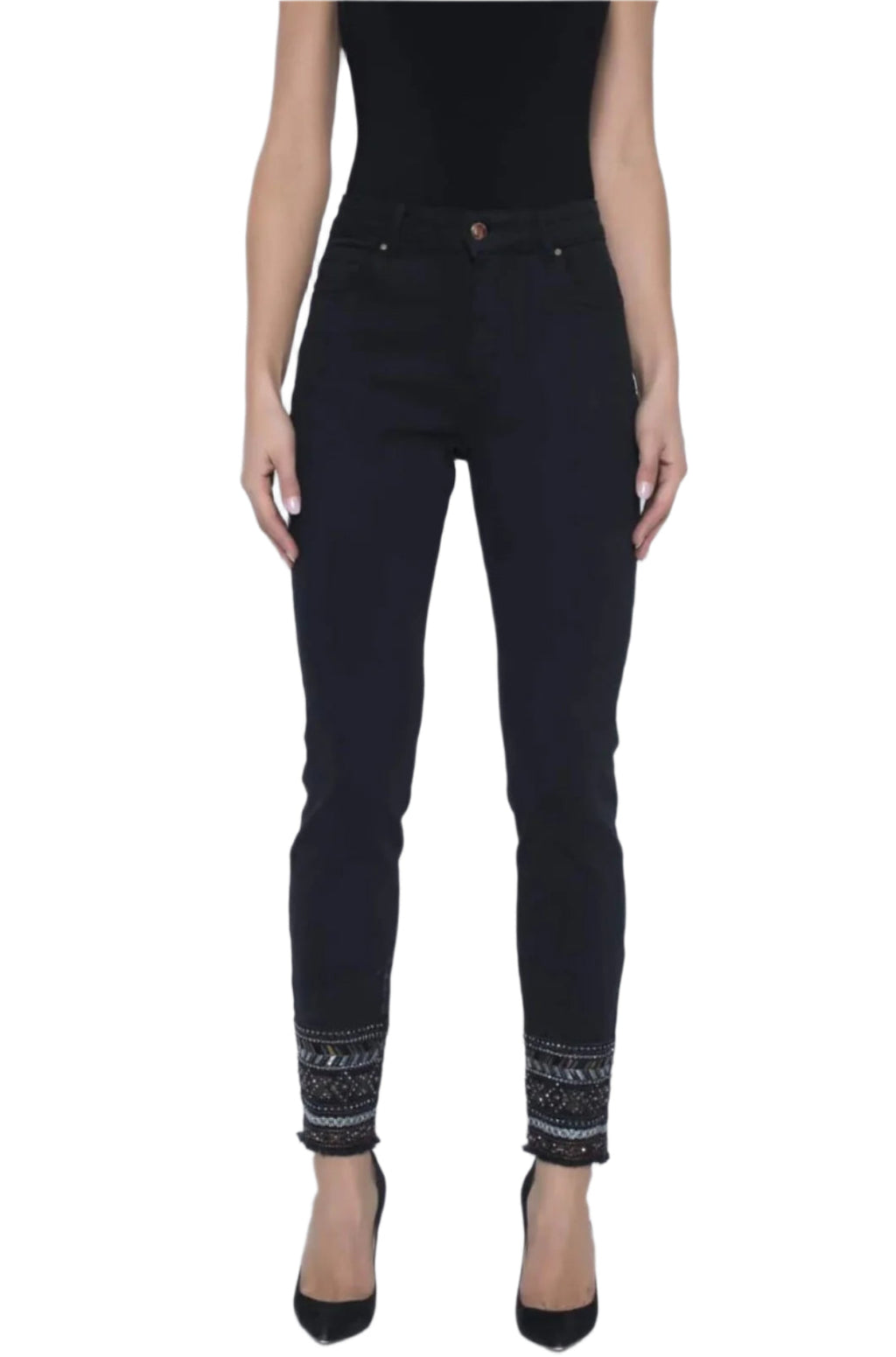 Frank Lyman Woven Denim Embellished Hem Pants 203132U