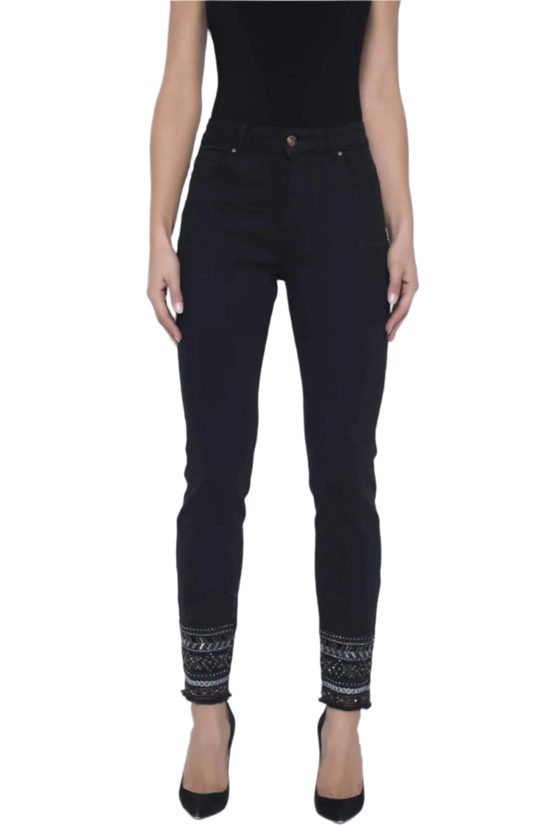 Frank Lyman Woven Denim Embellished Hem Pants 203132U
