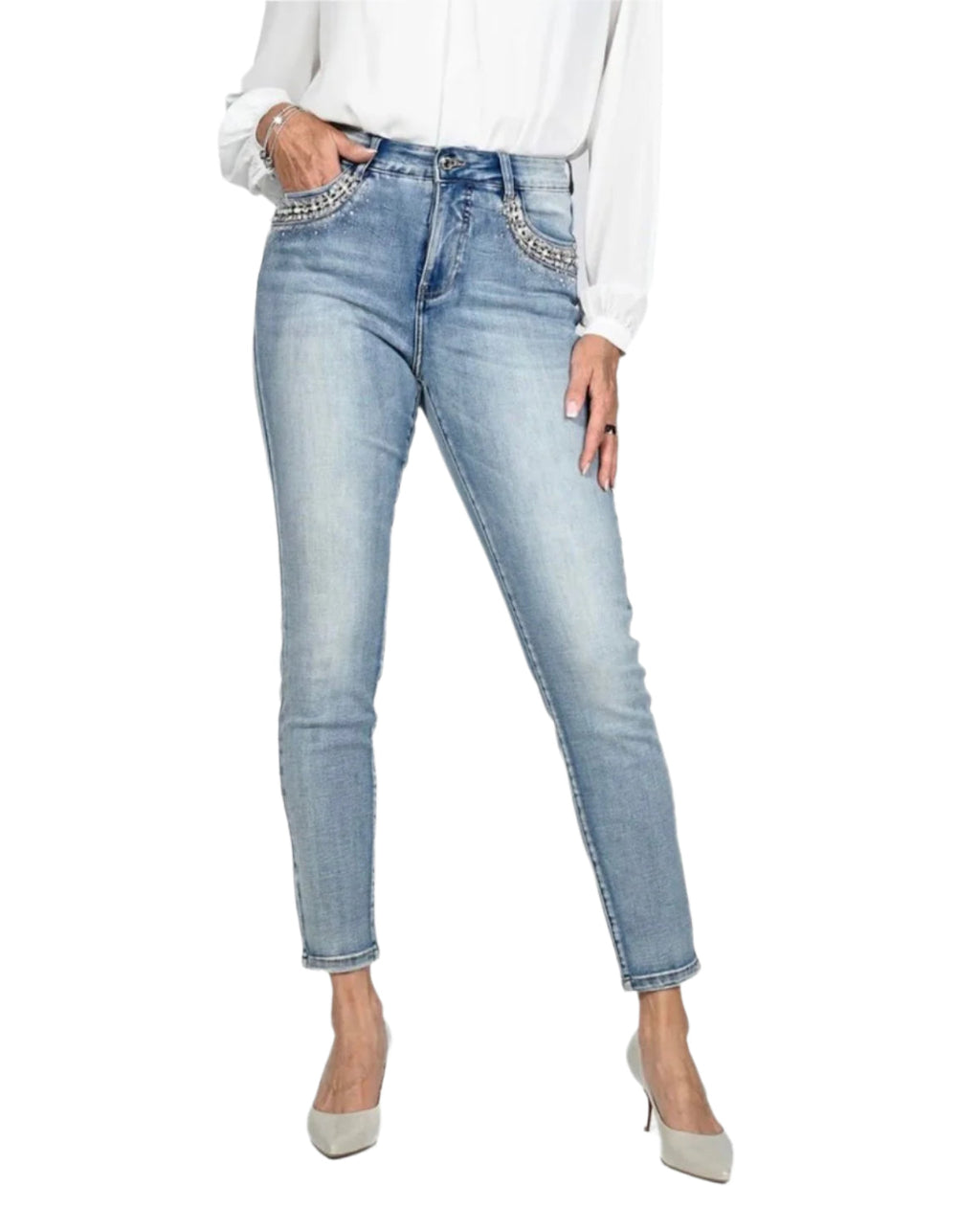 Frank Lyman Rhinestone & Pearl Embellished Pocket Jeans 236648U