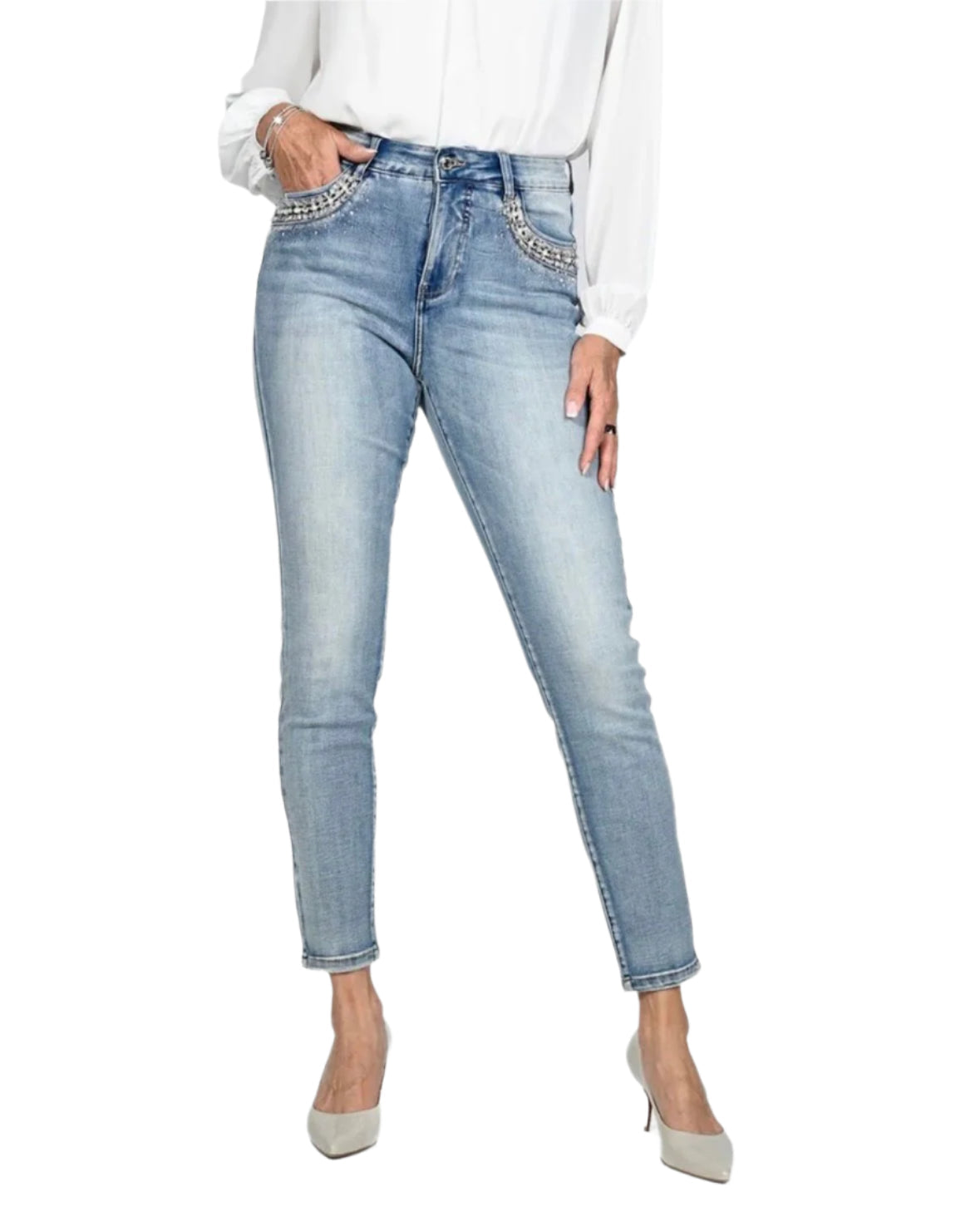 Frank Lyman Rhinestone & Pearl Embellished Pocket Jeans 236648U