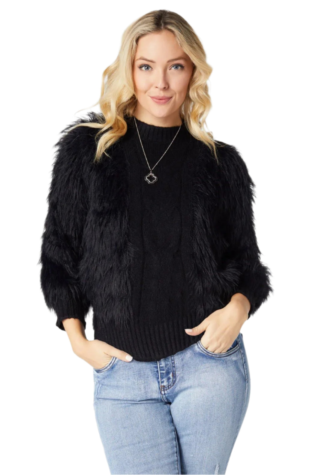 Coco + Carmen Imani Cable Knit Faux Fur Sweater