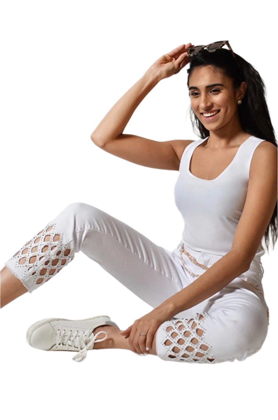 Frank Lyman White Sequin Cut Out Jeans 211112U