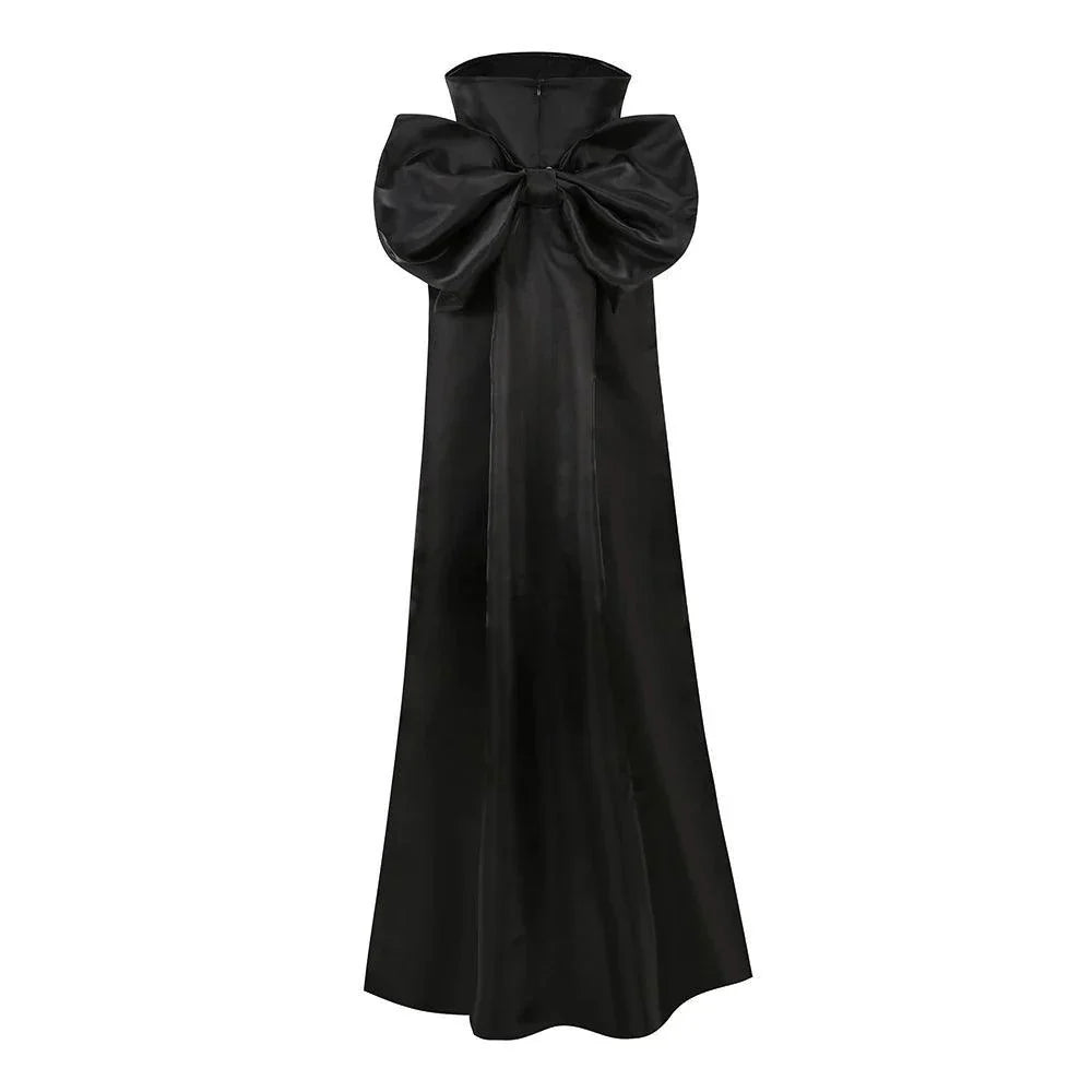 Away to Wonderland Black Satin Mini Dress with Oversized Bow