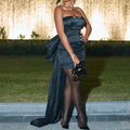 Away to Wonderland Black Satin Mini Dress with Oversized Bow