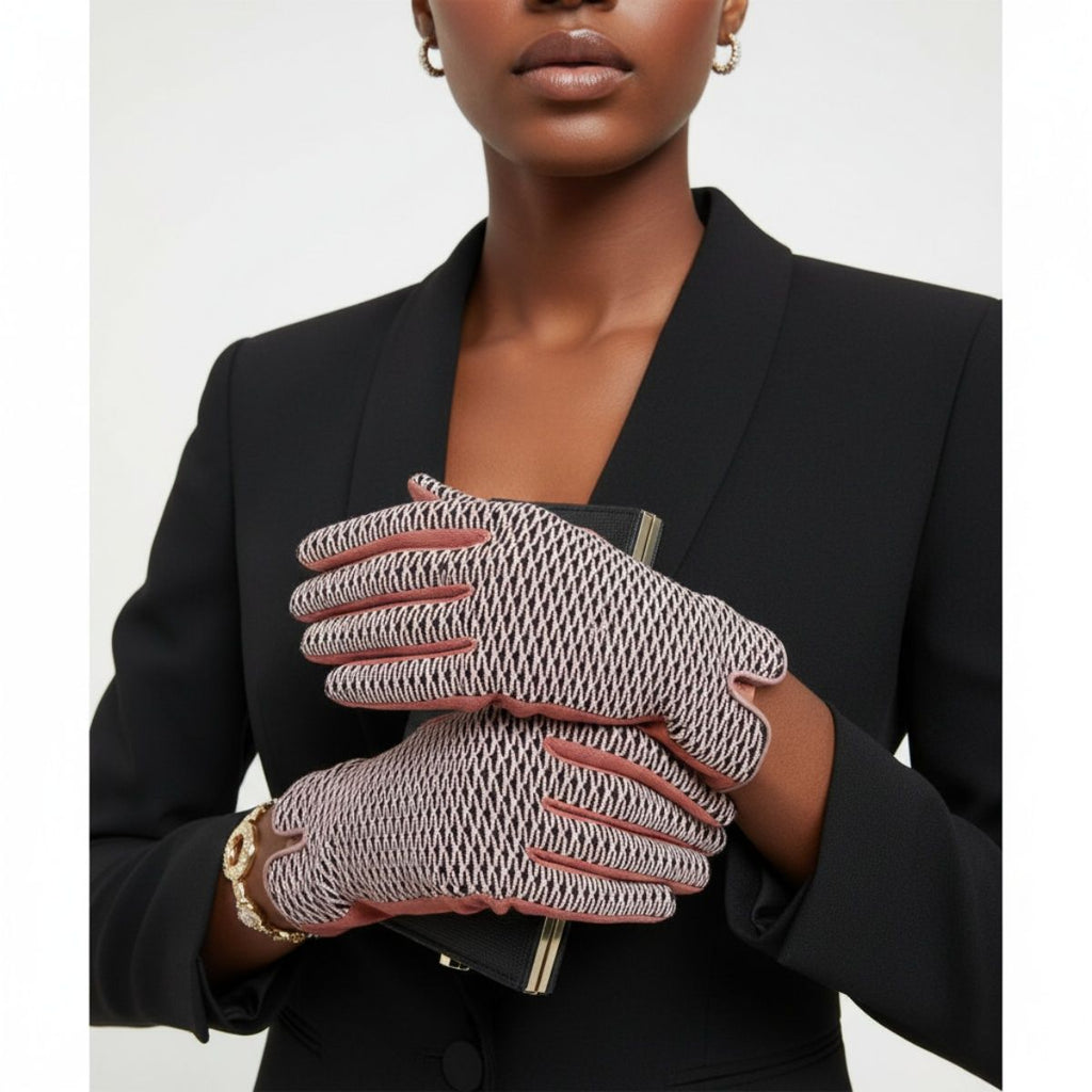 Winter Gloves Pink Mauve Wavy Cross Touchscreen Stylish Fashion Accessory