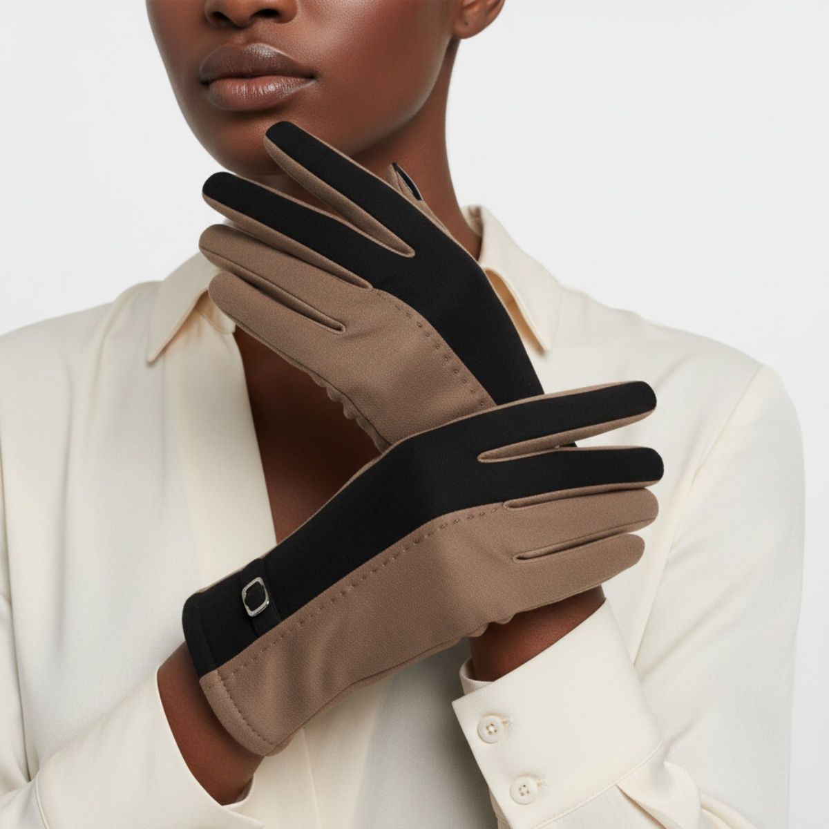 Winter Touchscreen Gloves, Black Taupe Faux Suede, Stylish and Casual