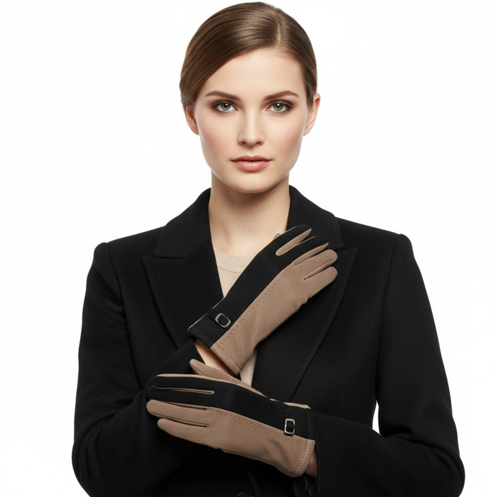 Winter Touchscreen Gloves, Black Taupe Faux Suede, Stylish and Casual