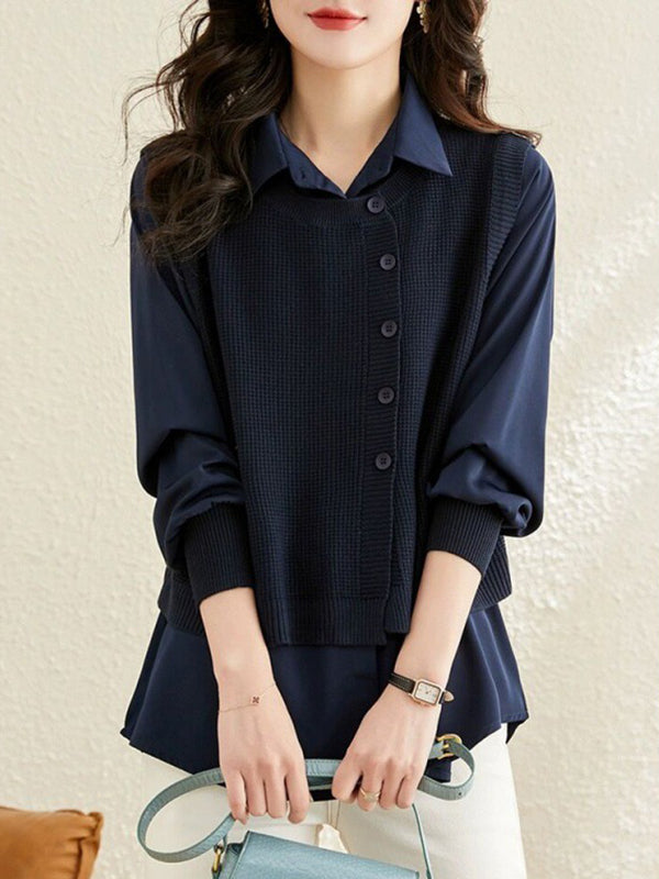 Long Sleeves Loose Solid Color Lapel  Inner Shirt + Buttoned Pockets Outer Knit Vest Two Pieces Set