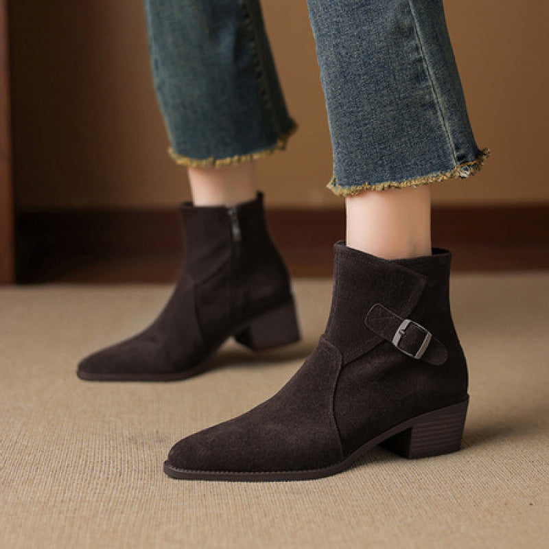 Women's Retro Chunky Heel Ankle Boots | Round Toe Satin Low-Top Fall Winter Boots