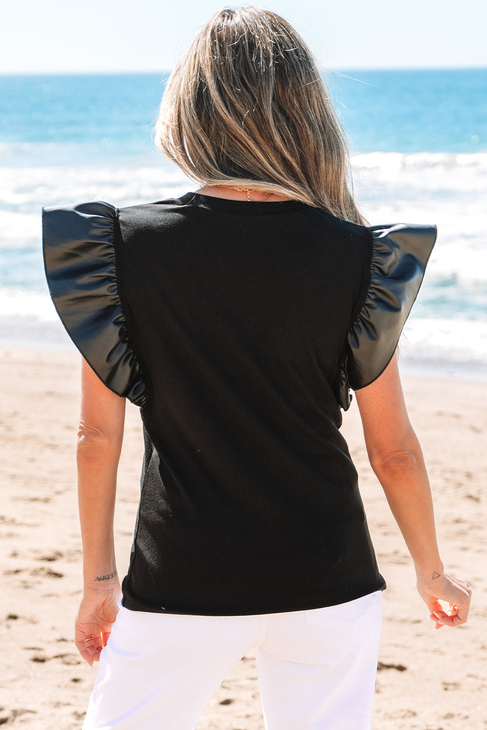 Black GAME DAY Checkered Letter Graphic Leatherette Ruffle Sleeve Top