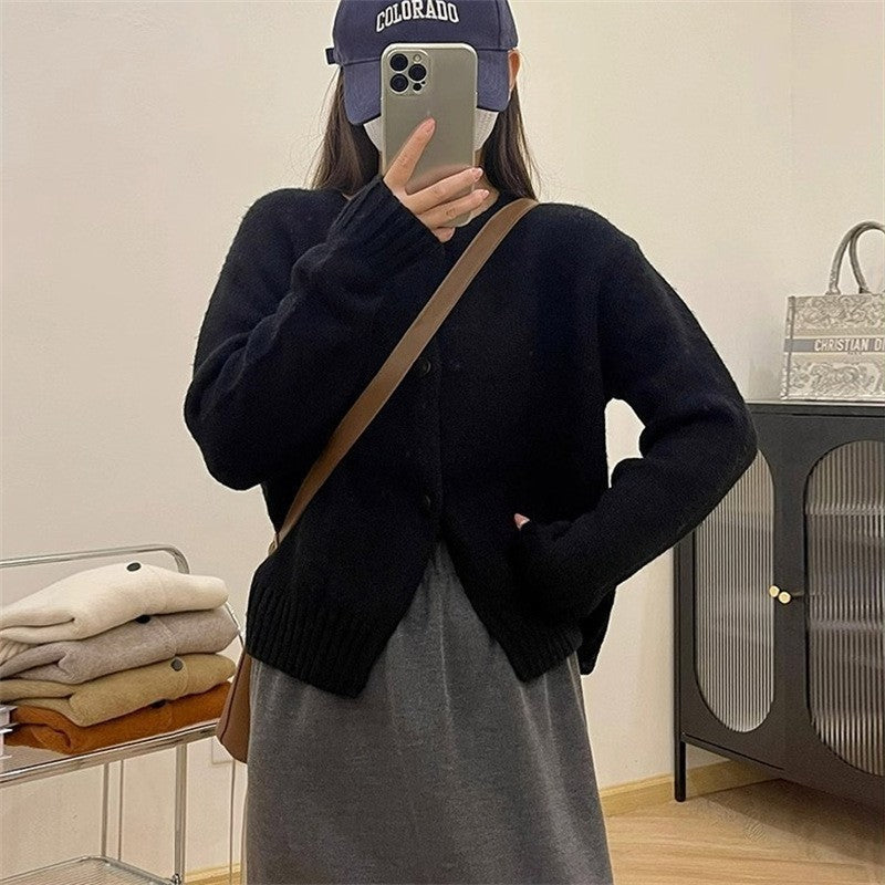 Solid Color Long Sleeve Crewneck Single Breasted Casual Loose Knitted Cardigan