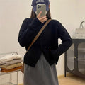Solid Color Long Sleeve Crewneck Single Breasted Casual Loose Knitted Cardigan