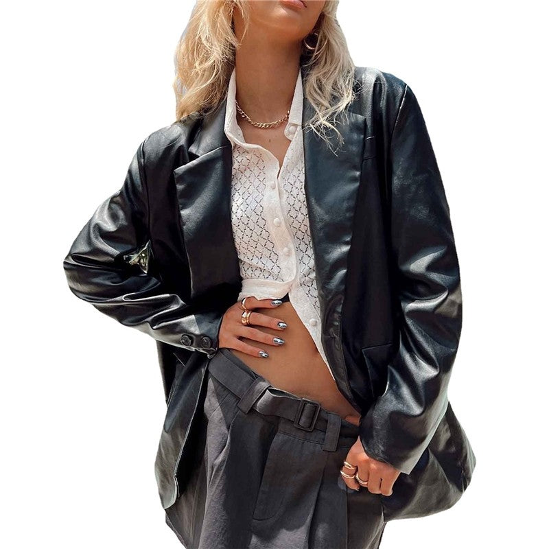 Solid Color Medium Length Leather Jacket