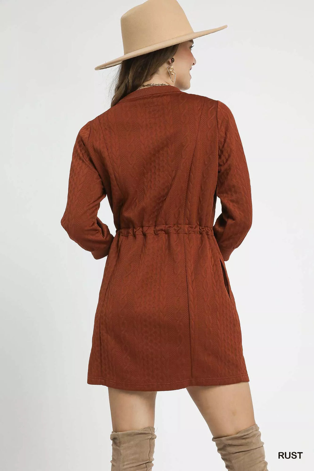 Drawstring Cable Knit Mini Dress with Pockets