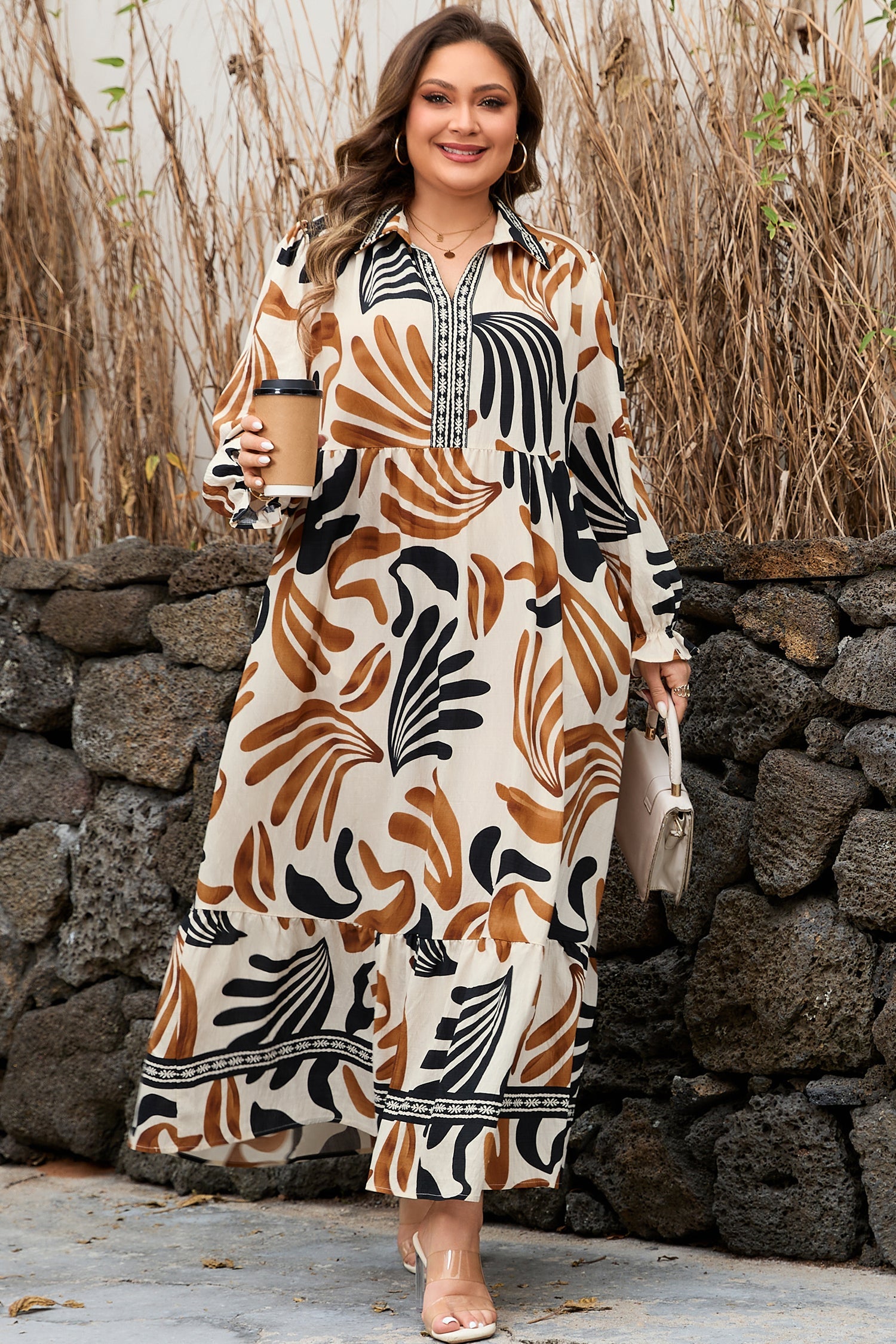 White Plus Size Abstract Print Contrast Collar Split Neck Shift Long Dress