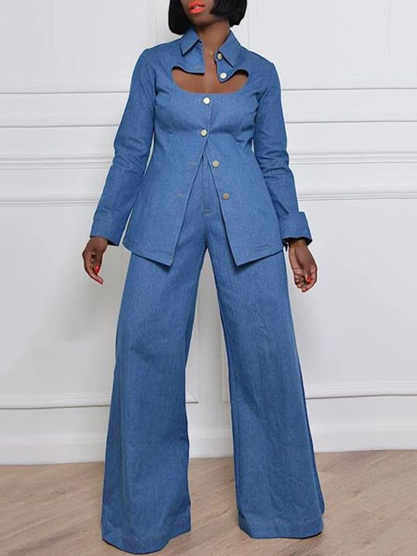 High-Waisted Loose Fit Jeans with Pockets and Lapel - Solid Color