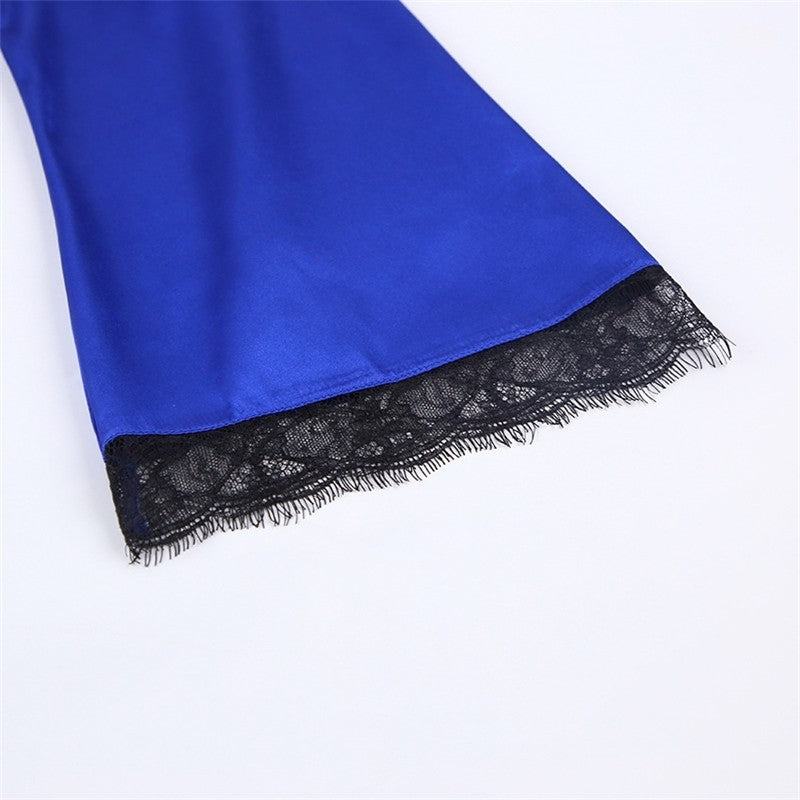 Solid Color Lace Patchwork Long Sleeve Waist Tied Maxi Robe Loungewear