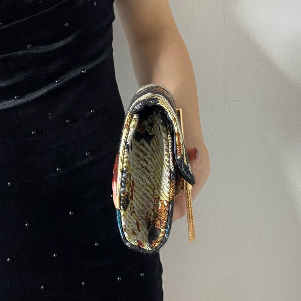 Embroidered Floral Evening Clutch Bag - Rhinestone Chain Shoulder Bag for Women