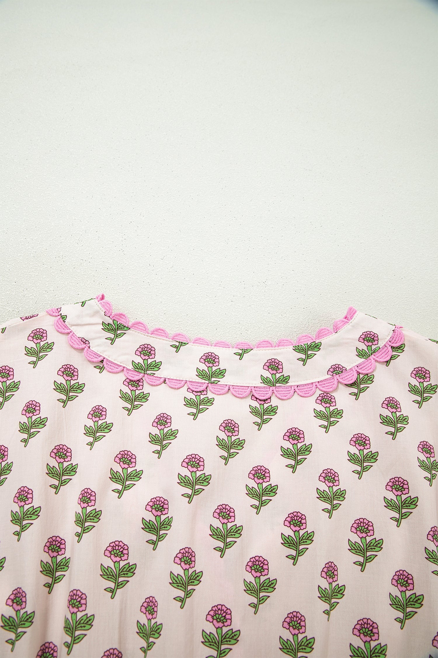 Pink Floral Print V Neck Scallop Trim Button Front Short Sleeve Long Dress