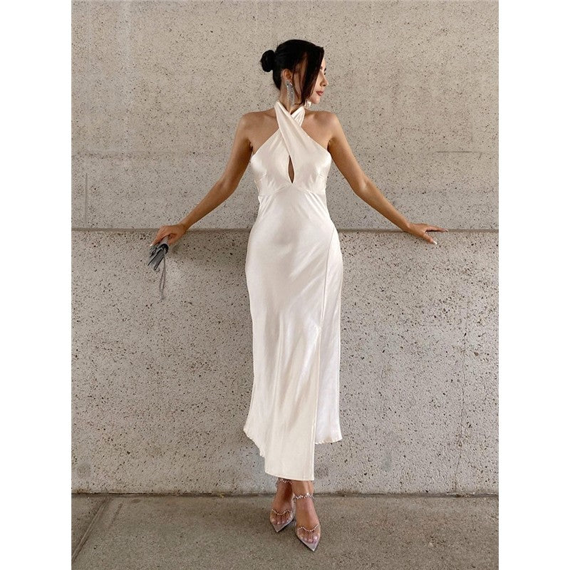 Halterneck Backless Slit Long Party Dress in Solid Color