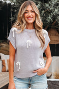 Light Grey Bowknot Applique Cap Sleeve Sweater