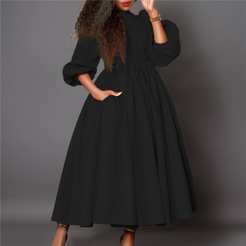 High Neck Seven-Sleeve Waist-Cinching Dress