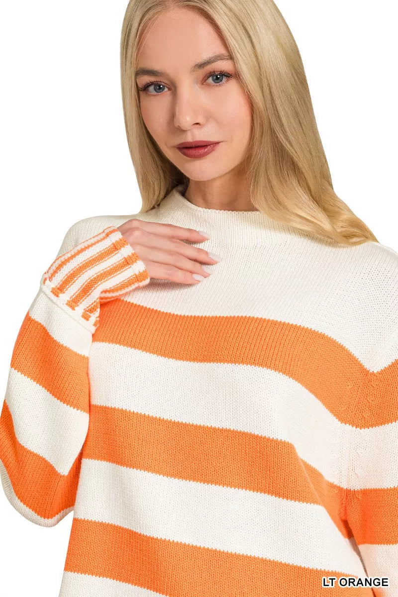 Ribbed Striped Mock Neck Sweater